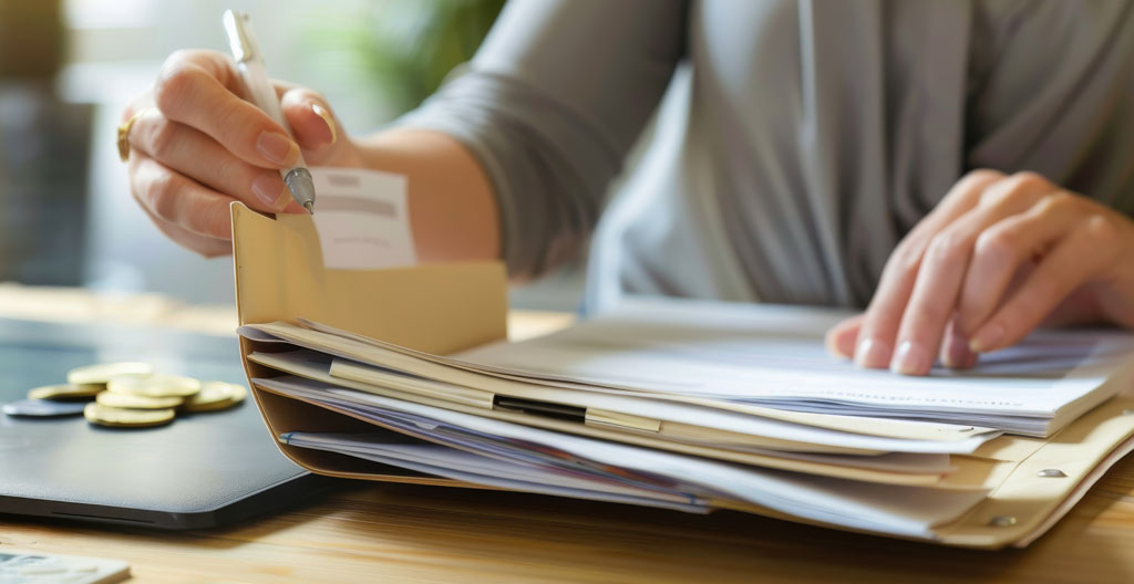 Mains en train de classer des papiers dans des chemises de différentes couleurs.